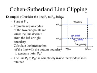 Cohen-Sutherland Line Clipping
Example1: Consider the line P9 to P10 below
– Start at P10
– From the region codes
of the two end-points we
know the line doesn’t
cross the left or right
boundary
– Calculate the intersection
of the line with the bottom boundary
to generate point P10’
– The line P9 to P10’ is completely inside the window so is
retained
wymax
wymin
wxmin wxmax
Window
P10 [0100]
P9 [0000]
P10’ [0000]
P9 [0000]
 