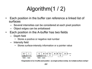 Algorithm(1 / 2)
• Each position in the buffer can reference a linked list of
surfaces
– Several intensities can be considered at each pixel position
– Object edges can be antialiased
• Each position in the A-buffer has two fields
– Depth field
• Stores a positive or negative real number
– Intensity field
• Stores surface-intensity information or a pointer value
257
d >
0
I d
< 0
Sur
f1
Sur
f2
 

Depth
field
Intensity
field
Depth
field
Intensity
field
(a) (b)
<Organization of an A-buffer pixel position : (a) single-surface overlap (b) multiple-surface overlap>
 