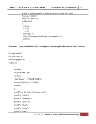 COMPUTER GRAPHICS- LAB MANUAL Enrollment No :- 150450116015 2017
S. V. M. I. T., Bharuch| Branch – Information Technology 13
where (x, y) is the position where we want to place the cursor.
#include <stdio.h>
#include <conio.h>
void main()
{
int x, y;
x = 10;
y = 10;
gotoxy(x, y);
printf("C program to change cursor position.");
getch();
}
Below is a C program that includes the usage of above graphics function with its output :-
#include<stdio.h>
#include<conio.h>
#include<graphics.h>
void main()
{
int choice;
int gd=DETECT,gm;
int style;
char *fname[] = {"SOLID_FILL"};
initgraph(&gd,&gm,"c:tcbgi");
while(1)
{
printf("enter the choice which you want:");
printf("n 1)circle");
printf("n 2)rectangle");
printf("n 3)ellipse");
printf("n 4)line");
printf("n 5)point");
printf("n 6)exit");
 