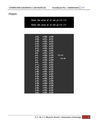 COMPUTER GRAPHICS- LAB MANUAL Enrollment No :- 150450116015 2017
S. V. M. I. T., Bharuch| Branch – Information Technology 25
Output:-
 
