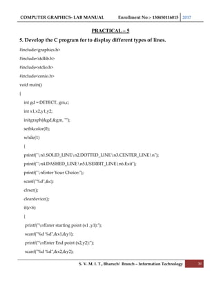 COMPUTER GRAPHICS- LAB MANUAL Enrollment No :- 150450116015 2017
S. V. M. I. T., Bharuch| Branch – Information Technology 30
PRACTICAL – 5
5. Develop the C program for to display different types of lines.
#include<graphics.h>
#include<stdlib.h>
#include<stdio.h>
#include<conio.h>
void main()
{
int gd = DETECT, gm,c;
int x1,x2,y1,y2;
initgraph(&gd,&gm, "");
setbkcolor(0);
while(1)
{
printf("n1.SOLID_LINEn2.DOTTED_LINEn3.CENTER_LINEn");
printf("n4.DASHED_LINEn5.USERBIT_LINEn6.Exit");
printf("nEnter Your Choice:");
scanf("%d",&c);
clrscr();
cleardevice();
if(c<6)
{
printf("nEnter starting point (x1 ,y1):");
scanf("%d %d",&x1,&y1);
printf("nEnter End point (x2,y2):");
scanf("%d %d",&x2,&y2);
 