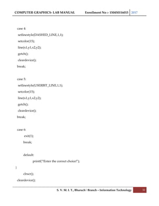 COMPUTER GRAPHICS- LAB MANUAL Enrollment No :- 150450116015 2017
S. V. M. I. T., Bharuch| Branch – Information Technology 32
case 4:
setlinestyle(DASHED_LINE,1,1);
setcolor(15);
line(x1,y1,x2,y2);
getch();
cleardevice();
break;
case 5:
setlinestyle(USERBIT_LINE,1,1);
setcolor(15);
line(x1,y1,x2,y2);
getch();
cleardevice();
break;
case 6:
exit(1);
break;
default:
printf("!Enter the correct choice!");
}
clrscr();
cleardevice();
 