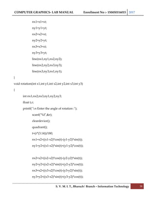 COMPUTER GRAPHICS- LAB MANUAL Enrollment No :- 150450116015 2017
S. V. M. I. T., Bharuch| Branch – Information Technology 38
nx1=x1+xt;
ny1=y1+yt;
nx2=x2+xt;
ny2=y2+yt;
nx3=x3+xt;
ny3=y3+yt;
line(nx1,ny1,nx2,ny2);
line(nx2,ny2,nx3,ny3);
line(nx3,ny3,nx1,ny1);
}
void rotation(int x1,int y1,int x2,int y2,int x3,int y3)
{
int nx1,nx2,nx3,ny1,ny2,ny3;
float t,r;
printf("n Enter the angle of rotation :");
scanf("%f",&r);
cleardevice();
quadrant();
t=(r*(3.14))/180;
nx1=x2+((x1-x2)*cos(t)-(y1-y2)*sin(t));
ny1=y2+((x1-x2)*sin(t)+(y1-y2)*cos(t));
nx2=x2+((x2-x2)*cos(t)-(y2-y2)*sin(t));
ny2=y2+((x2-x2)*sin(t)+(y2-y2)*cos(t));
nx3=x2+((x3-x2)*cos(t)-(y3-y2)*sin(t));
ny3=y2+((x3-x2)*sin(t)+(y3-y2)*cos(t));
 