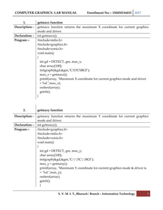 COMPUTER GRAPHICS- LAB MANUAL Enrollment No :- 150450116015 2017
S. V. M. I. T., Bharuch| Branch – Information Technology 3
1. getmaxx function
Description: - getmaxx function returns the maximum X coordinate for current graphics
mode and driver.
Declaration: - int getmaxx();
Program :- #include<stdio.h>
#include<graphics.h>
#include<conio.h>
void main()
{
int gd = DETECT, gm, max_x;
char array[100];
initgraph(&gd,&gm,"C:TCBGI");
max_x = getmaxx();
printf(array, "Maximum X coordinate for current graphics mode and driver
= %d.",max_x);
outtext(array);
getch();
}
2. getmaxy function
Description: - getmaxy function returns the maximum Y coordinate for current graphics
mode and driver.
Declaration: - int getmaxy();
Program :- #include<graphics.h>
#include<stdio.h>
#include<conio.h>
void main()
{
int gd = DETECT, gm, max_y;
char array[100];
initgraph(&gd,&gm,"C:TCBGI");
max_y = getmaxy();
printf(array, "Maximum Y coordinate for current graphics mode & driver is
= %d.",max_y);
outtext(array);
getch();
}
 