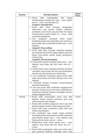 Kegiatan Deskripsi Kegiatan
Alokasi
Waktu
6. Peserta didik mengumpulkan data dengan
mempertemukan pasangan dari unsur – unsur, gambar
dan ciri – cirinya sesuai petunjuk LK;
Langkah 4. Mengolah Data
7. Peserta didik dalam kelompok menggunakan
bahan/media yang tersedia, misalkan melakukan
pembuktian sesuai intruksi yang ada dalam LK dengan
mempertemukan gambar dengan ciri - cirinya untuk
menentukan pasangannya.
8. Guru mengajukan pertanyaan terkait dengan
pembuktian pertama dan mengarahkan serta memotivasi
peserta didik untuk membuktikan kembali unsur – unsur
lingkaran.
Langkah 5. Memverifikasi
9. Peserta didik dalam kelompok melakukan pengujian
dan mengolah data kembali dengan langkah yang sama
dengan mencocokkan gambar dengan pasangannya.
(Analisis Data)
Langkah 6. Menarik Kesimpulan
10. Peserta didik menarik kesimpulan terkait unsur – unsur
lingkaran yang berupa garis dan luasan serta ciri –
cirinya.
11. Setelah diskusi selesai, beberapa perwakilan kelompok
menyajikan secara tertulis dan lisan hasil pembelajaran
atau apa yang telah dipelajari atau didiskusikan;
12. Guru memberikan kesempatan kepada peserta didik
untuk menyelesaikan soal terkait hubungan antar unsur
lingkaran.
13. Perwakilan beberapa kelompok mempresentasikan
hasil kerja kelompoknya.
14. Guru dan peserta didik memberikan tanggapan hasil
presentasi meliputi tanya jawab untuk mengkonfirmasi,
memberikan tambahan informasi, melengkapi informasi
ataupun tanggapan lainnya
Penutup 1. Peserta didik menyimpulkan materi yang telah
dipelajari dengan merespon pertanyaan guru yang
sifatnya menuntun dan menggali;
2. Peserta didik merefleksi penguasaan materi yang telah
dipelajari dengan membuat catatan penguasaan materi.
3. Peserta didik saling memberikan umpan balik hasil
refleksi yang dilakukan;
4. Guru memberikan tugas mandiri sebagai pelatihan
keterampilan dalam menyelesaikan masalah matematika
yang berkaitan dengan unsur – unsur lingkaran yang
berupa garis dan luasan serta ciri – cirinya;
5. Melaksanakan postes terkait tentang unsur – unsur
lingkaran yang berupa garis dan luasan serta ciri –
cirinya;
6. Peserta didik mendengarkan arahan guru untuk materi
pada pertemuan berikutnya (hubungan antara sudut
2 menit
 