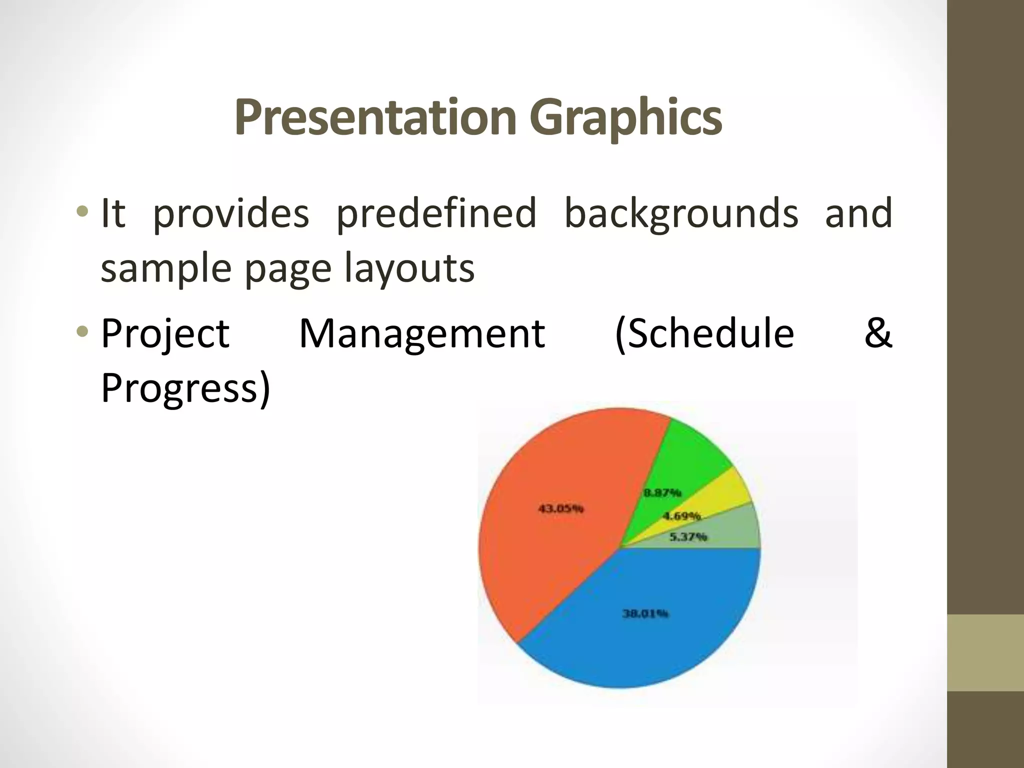 Presentation Graphics
• It provides predefined backgrounds and
sample page layouts
• Project Management (Schedule &
Progress)
 