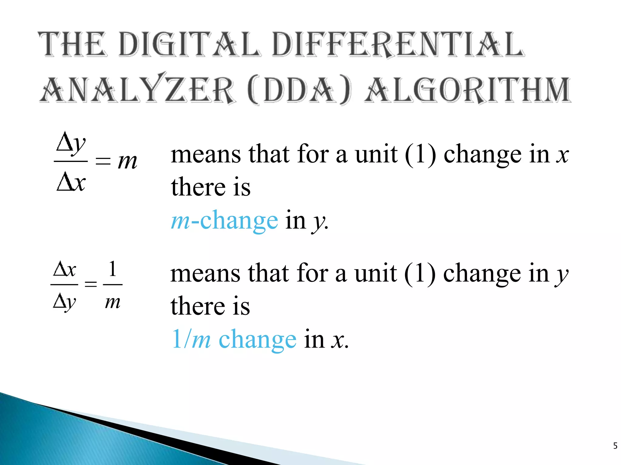 y       means that for a unit (1) change in x
    m
x       there is
        m-change in y.
x   1   means that for a unit (1) change in y
y   m   there is
        1/m change in x.


                                                5
 