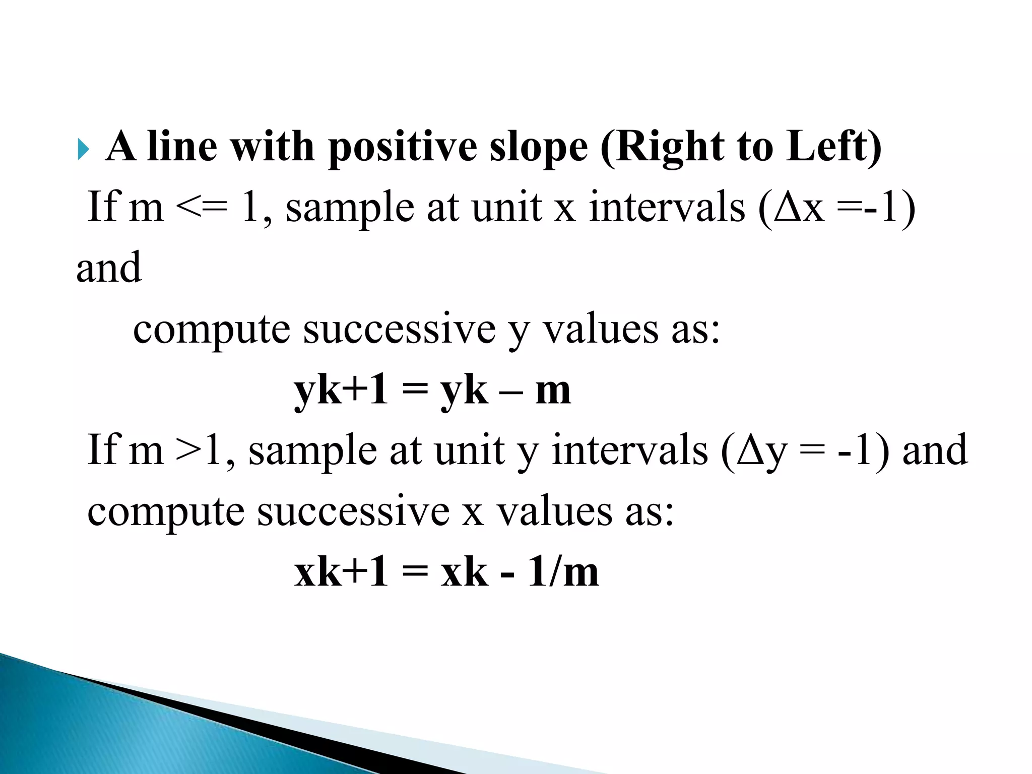  A line with positive slope (Right to Left)
 If m <= 1, sample at unit x intervals (Δx =-1)
and
    compute successive y values as:
            yk+1 = yk – m
 If m >1, sample at unit y intervals (Δy = -1) and
 compute successive x values as:
            xk+1 = xk - 1/m
 