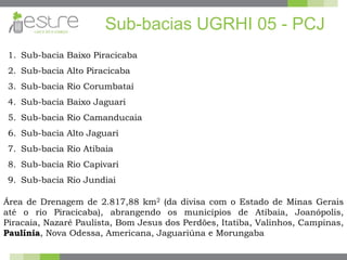 Sub-bacias UGRHI 05 - PCJ
1. Sub-bacia Baixo Piracicaba
2. Sub-bacia Alto Piracicaba
3. Sub-bacia Rio Corumbataí
4. Sub-bacia Baixo Jaguari
5. Sub-bacia Rio Camanducaia
6. Sub-bacia Alto Jaguari
7. Sub-bacia Rio Atibaia
8. Sub-bacia Rio Capivari
9. Sub-bacia Rio Jundiai
Área de Drenagem de 2.817,88 km2 (da divisa com o Estado de Minas Gerais
até o rio Piracicaba), abrangendo os municípios de Atibaia, Joanópolis,
Piracaia, Nazaré Paulista, Bom Jesus dos Perdões, Itatiba, Valinhos, Campinas,
Paulínia, Nova Odessa, Americana, Jaguariúna e Morungaba
 