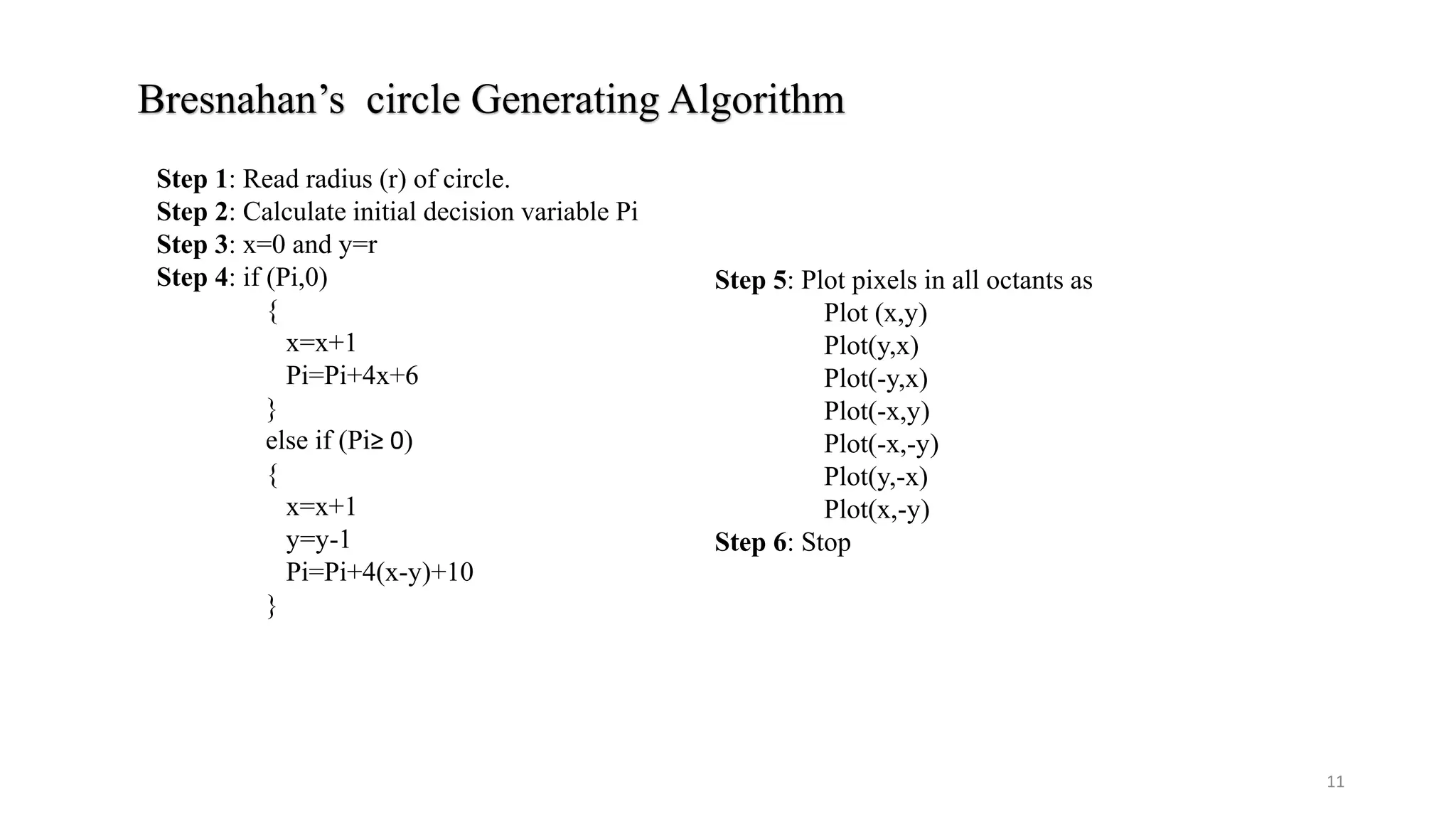 Bresnahan’s circle Generating Algorithm
Step 1: Read radius (r) of circle.
Step 2: Calculate initial decision variable Pi
Step 3: x=0 and y=r
Step 4: if (Pi,0)
{
x=x+1
Pi=Pi+4x+6
}
else if (Pi≥ 0)
{
x=x+1
y=y-1
Pi=Pi+4(x-y)+10
}
Step 5: Plot pixels in all octants as
Plot (x,y)
Plot(y,x)
Plot(-y,x)
Plot(-x,y)
Plot(-x,-y)
Plot(y,-x)
Plot(x,-y)
Step 6: Stop
11
 