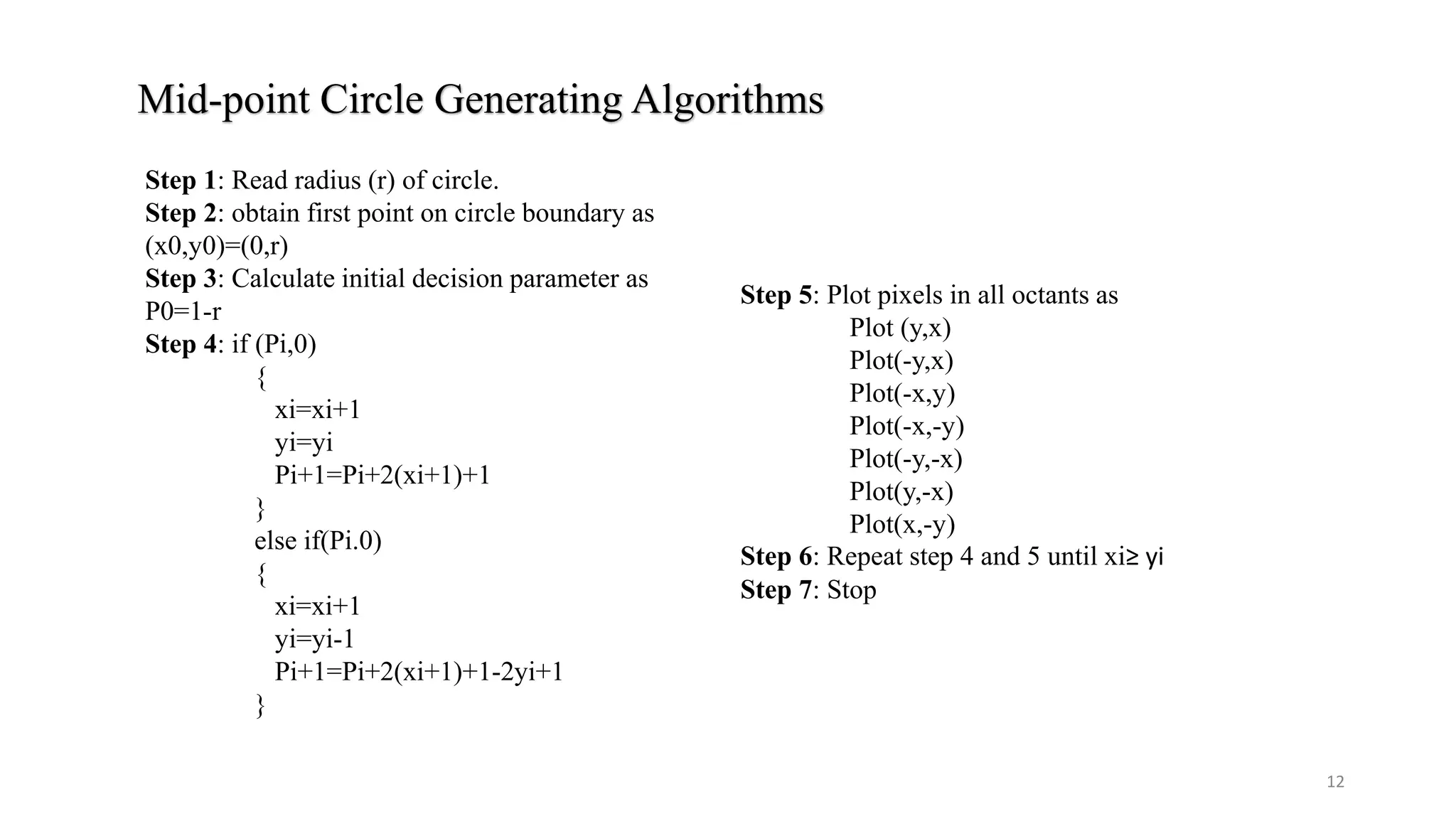 Mid-point Circle Generating Algorithms
Step 1: Read radius (r) of circle.
Step 2: obtain first point on circle boundary as
(x0,y0)=(0,r)
Step 3: Calculate initial decision parameter as
P0=1-r
Step 4: if (Pi,0)
{
xi=xi+1
yi=yi
Pi+1=Pi+2(xi+1)+1
}
else if(Pi.0)
{
xi=xi+1
yi=yi-1
Pi+1=Pi+2(xi+1)+1-2yi+1
}
Step 5: Plot pixels in all octants as
Plot (y,x)
Plot(-y,x)
Plot(-x,y)
Plot(-x,-y)
Plot(-y,-x)
Plot(y,-x)
Plot(x,-y)
Step 6: Repeat step 4 and 5 until xi≥ yi
Step 7: Stop
12
 