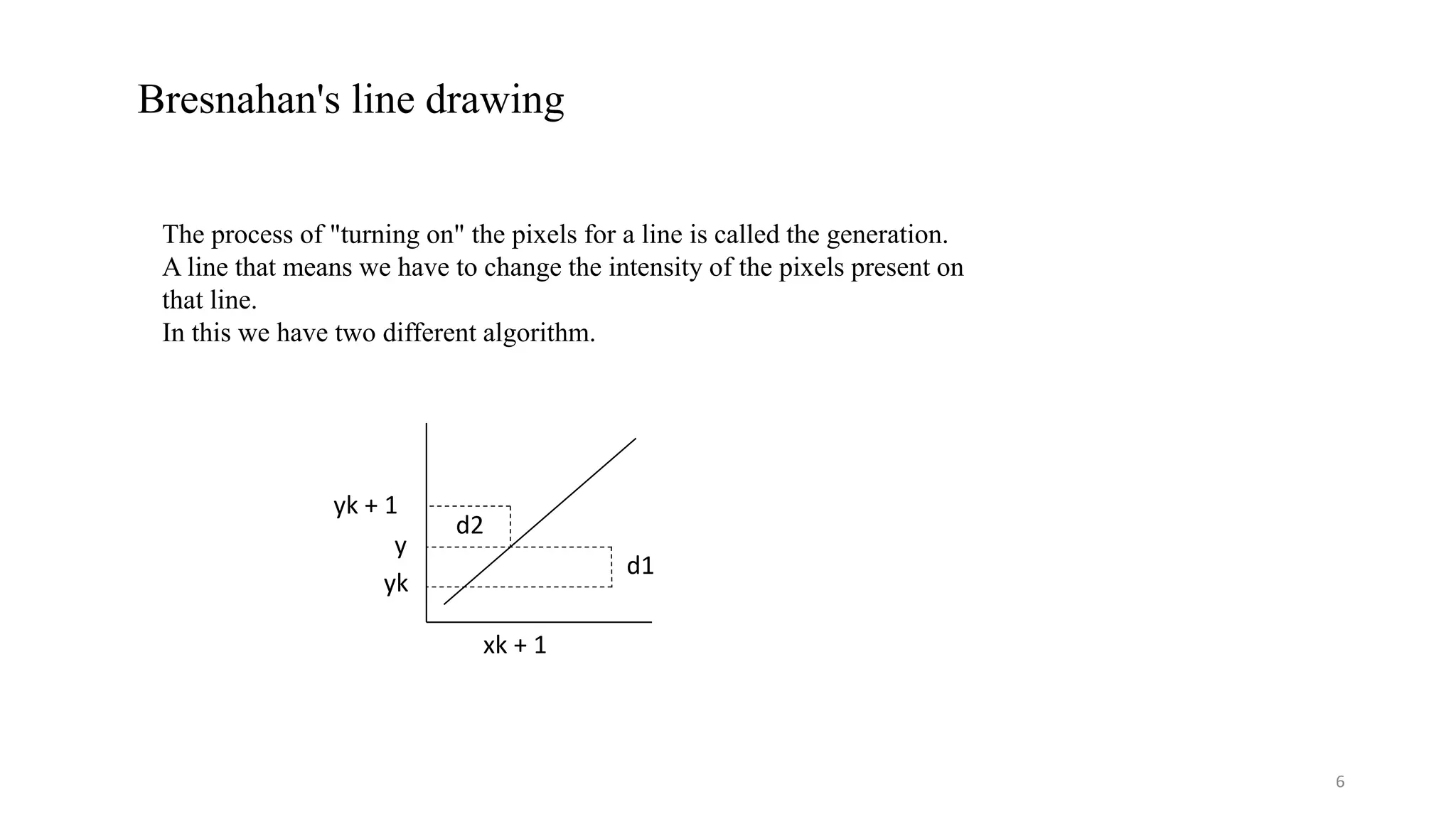 Bresnahan's line drawing
The process of "turning on" the pixels for a line is called the generation.
A line that means we have to change the intensity of the pixels present on
that line.
In this we have two different algorithm.
yk + 1
y
yk
xk + 1
d2
d1
6
 