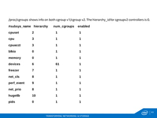 63
TRANSFORMING NETWORKING & STORAGE
/proc/cgroups shows info on both cgroup v1/cgroup v2. The hierarchy_idfor cgroupv2 controllers is 0.
#subsys_name hierarchy num_cgroups enabled
cpuset 2 1 1
cpu 3 1 1
cpuacct 3 1 1
blkio 0 1 1
memory 0 1 1
devices 6 61 1
freezer 7 1 1
net_cls 8 1 1
perf_event 9 1 1
net_prio 8 1 1
hugetlb 10 1 1
pids 0 1 1
 