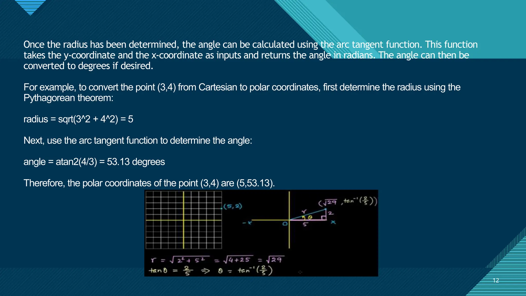 Click to edit Master title style
12
12
Once the radius has been determined, the angle can be calculated using the arc tangent function. This function
takes the y-coordinate and the x-coordinate as inputs and returns the angle in radians. The angle can then be
converted to degrees if desired.
For example, to convert the point (3,4) from Cartesian to polar coordinates, first determine the radius using the
Pythagorean theorem:
radius = sqrt(3^2 + 4^2) = 5
Next, use the arc tangent function to determine the angle:
angle = atan2(4/3) = 53.13 degrees
Therefore, the polar coordinates of the point (3,4) are (5,53.13).
 