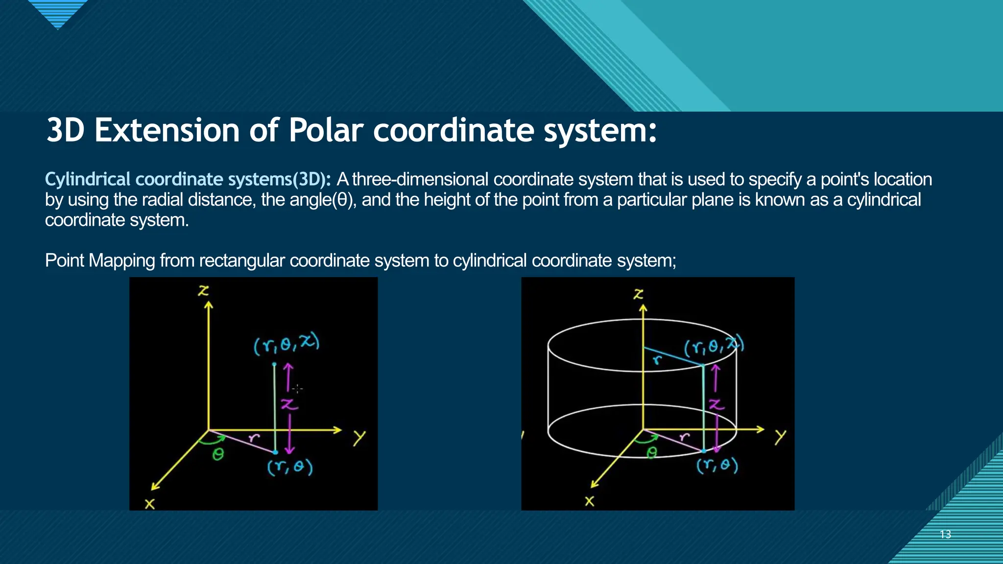Click to edit Master title style
13
13
3D Extension of Polar coordinate system:
Cylindrical coordinate systems(3D): Athree-dimensional coordinate system that is used to specify a point's location
by using the radial distance, the angle(θ), and the height of the point from a particular plane is known as a cylindrical
coordinate system.
Point Mapping from rectangular coordinate system to cylindrical coordinate system;
 