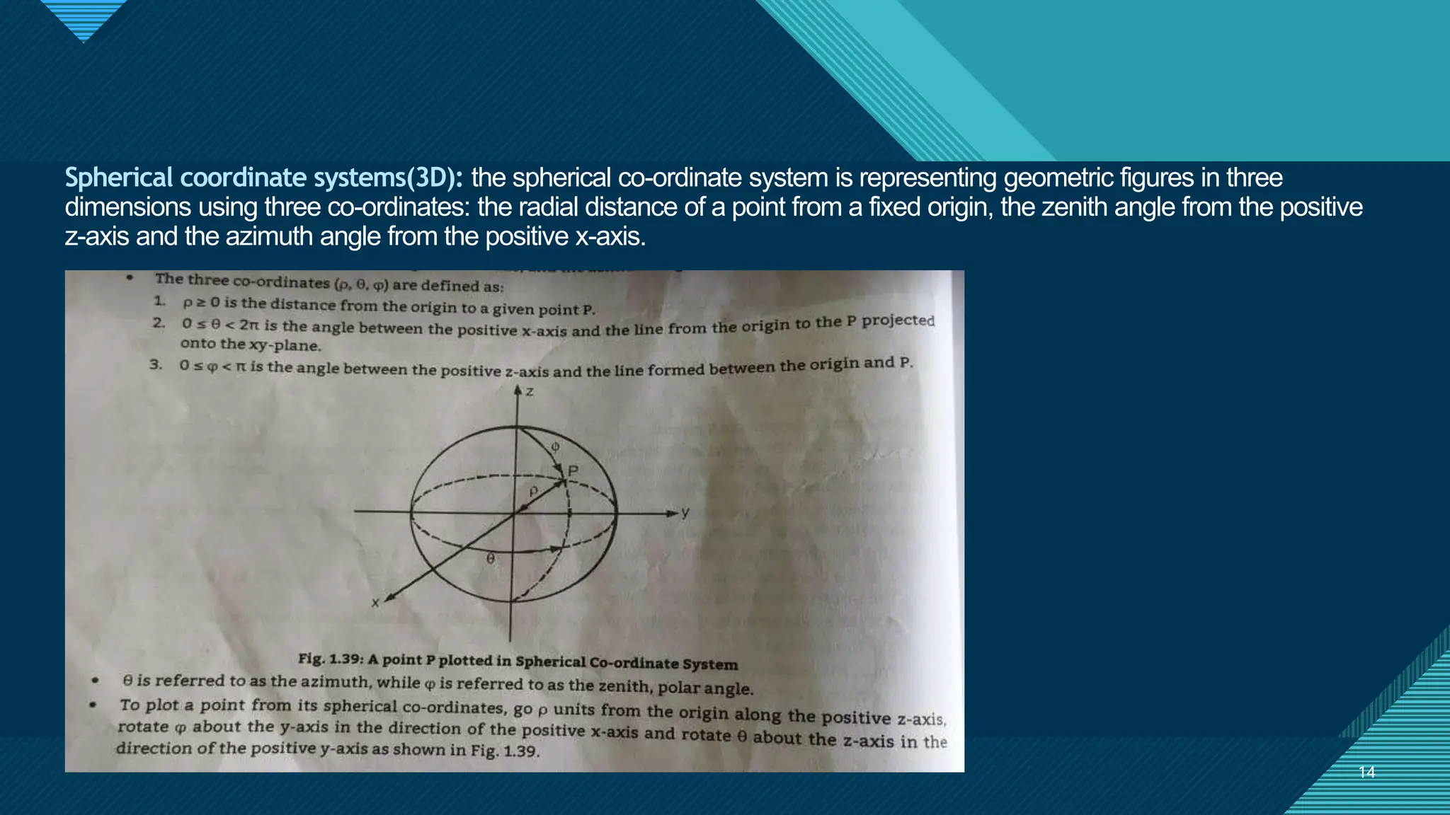 Click to edit Master title style
14
14
Spherical coordinate systems(3D): the spherical co-ordinate system is representing geometric figures in three
dimensions using three co-ordinates: the radial distance of a point from a fixed origin, the zenith angle from the positive
z-axis and the azimuth angle from the positive x-axis.
 