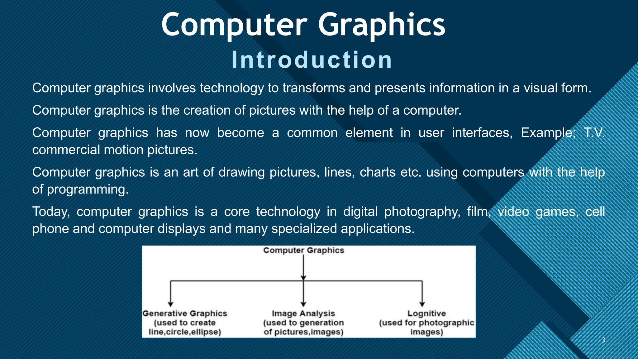 Click to edit Master title style
3
Computer Graphics
Introduction
3
Computer graphics involves technology to transforms and presents information in a visual form.
Computer graphics is the creation of pictures with the help of a computer.
Computer graphics has now become a common element in user interfaces, Example; T.V.
commercial motion pictures.
Computer graphics is an art of drawing pictures, lines, charts etc. using computers with the help
of programming.
Today, computer graphics is a core technology in digital photography, film, video games, cell
phone and computer displays and many specialized applications.
 
