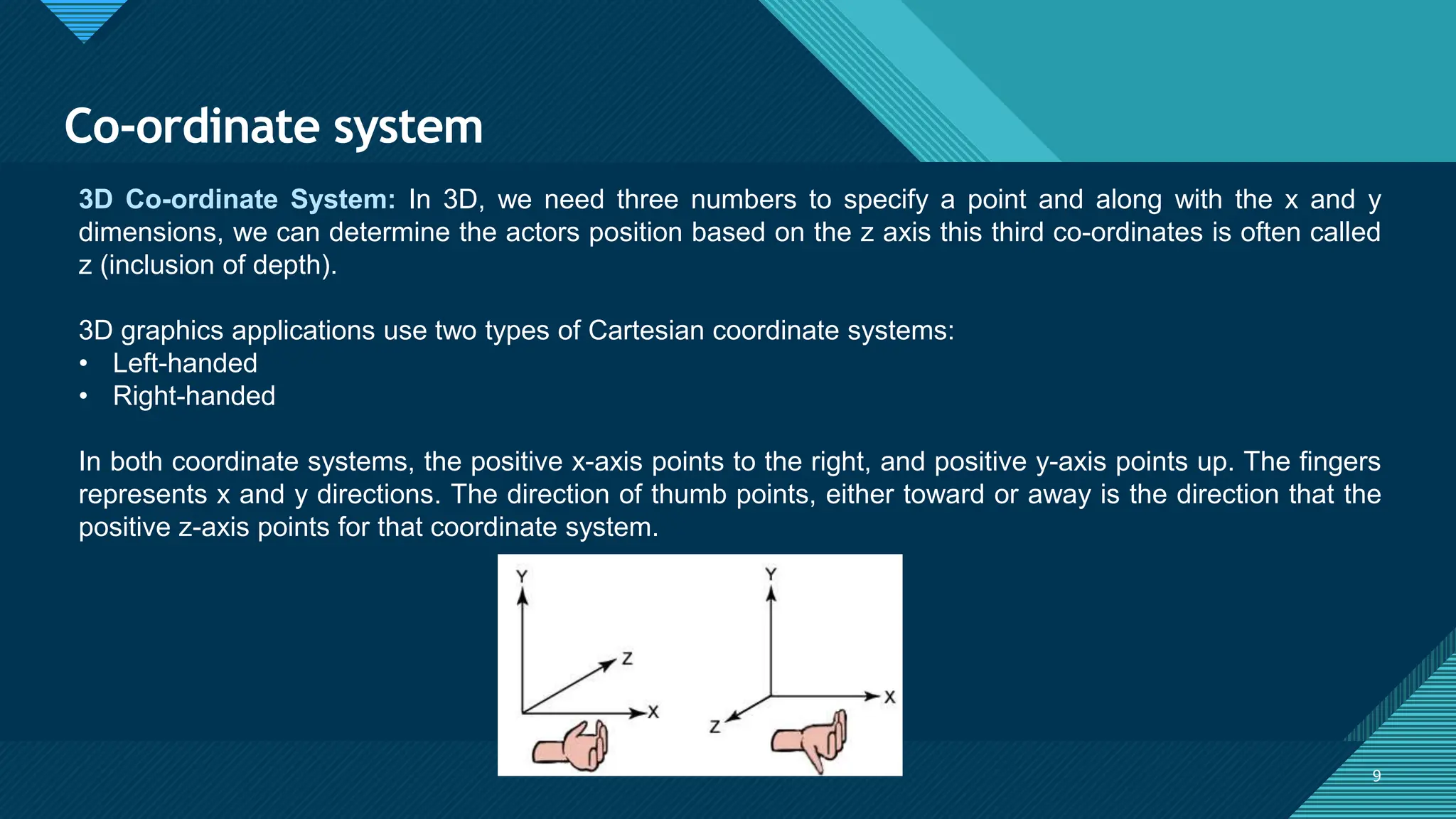Click to edit Master title style
9 9
Co-ordinate system
3D Co-ordinate System: In 3D, we need three numbers to specify a point and along with the x and y
dimensions, we can determine the actors position based on the z axis this third co-ordinates is often called
z (inclusion of depth).
3D graphics applications use two types of Cartesian coordinate systems:
• Left-handed
• Right-handed
In both coordinate systems, the positive x-axis points to the right, and positive y-axis points up. The fingers
represents x and y directions. The direction of thumb points, either toward or away is the direction that the
positive z-axis points for that coordinate system.
 