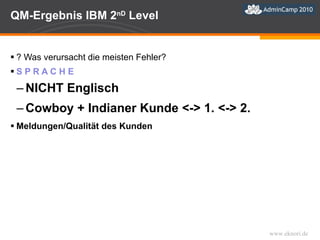 QM-Ergebnis IBM 2 nD  Level ? Was verursacht die meisten Fehler? S P R A C H E NICHT Englisch  Cowboy + Indianer Kunde <-> 1. <-> 2. Meldungen/Qualität des Kunden 