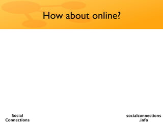 How about online?




   Social                         socialconnections
Connections                              .info
 