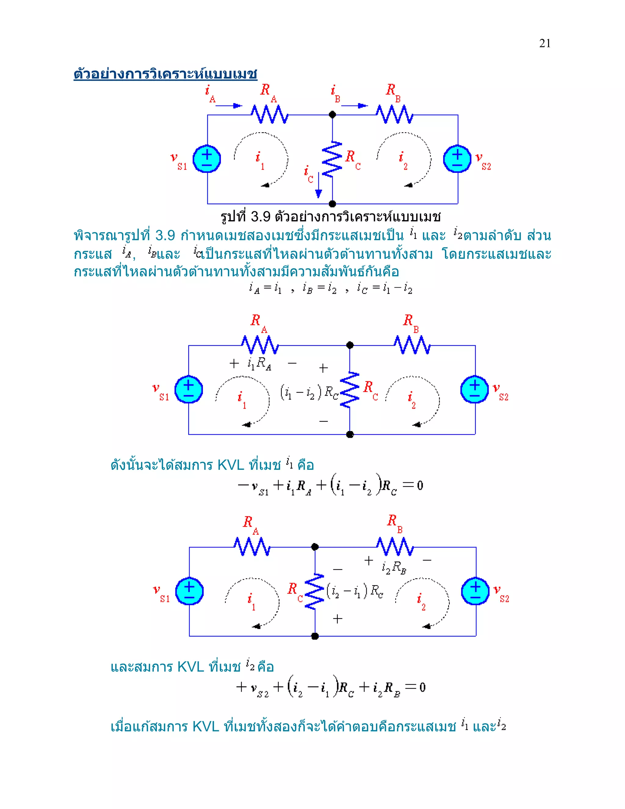 21 
ตัวอย่างการวิเคราะห์แบบเมช 
รูปที่ 3.9 ตัวอย่างการวิเคราะห์แบบเมช 
พิจารณารูปที่ 3.9 กาหนดเมชสองเมชซึ่งมีกระแสเมชเป็น และ ตามลาดับ ส่วน กระแส , และ เป็นกระแสที่ไหลผ่านตัวต้านทานทั้งสาม โดยกระแสเมชและ กระแสที่ไหลผ่านตัวต้านทานทั้งสามมีความสัมพันธ์กันคือ 
ดังนั้นจะได้สมการ KVL ที่เมช คือ 
และสมการ KVL ที่เมช คือ 
เมื่อแก้สมการ KVL ที่เมชทั้งสองก็จะได้คาตอบคือกระแสเมช และ  