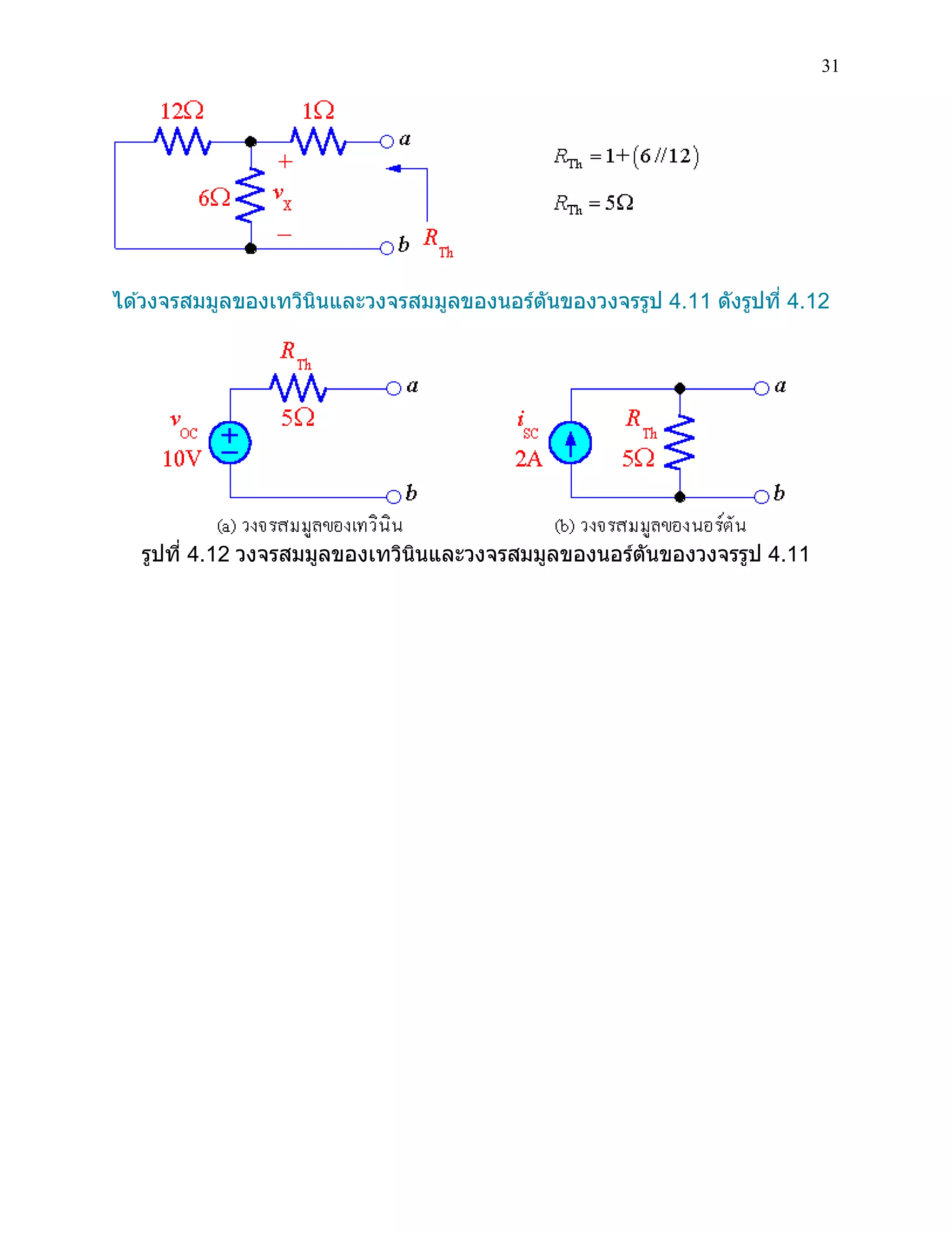 31 
ได้วงจรสมมูลของเทวินินและวงจรสมมูลของนอร์ตันของวงจรรูป 4.11 ดังรูปที่ 4.12 
รูปที่ 4.12 วงจรสมมูลของเทวินินและวงจรสมมูลของนอร์ตันของวงจรรูป 4.11 
 