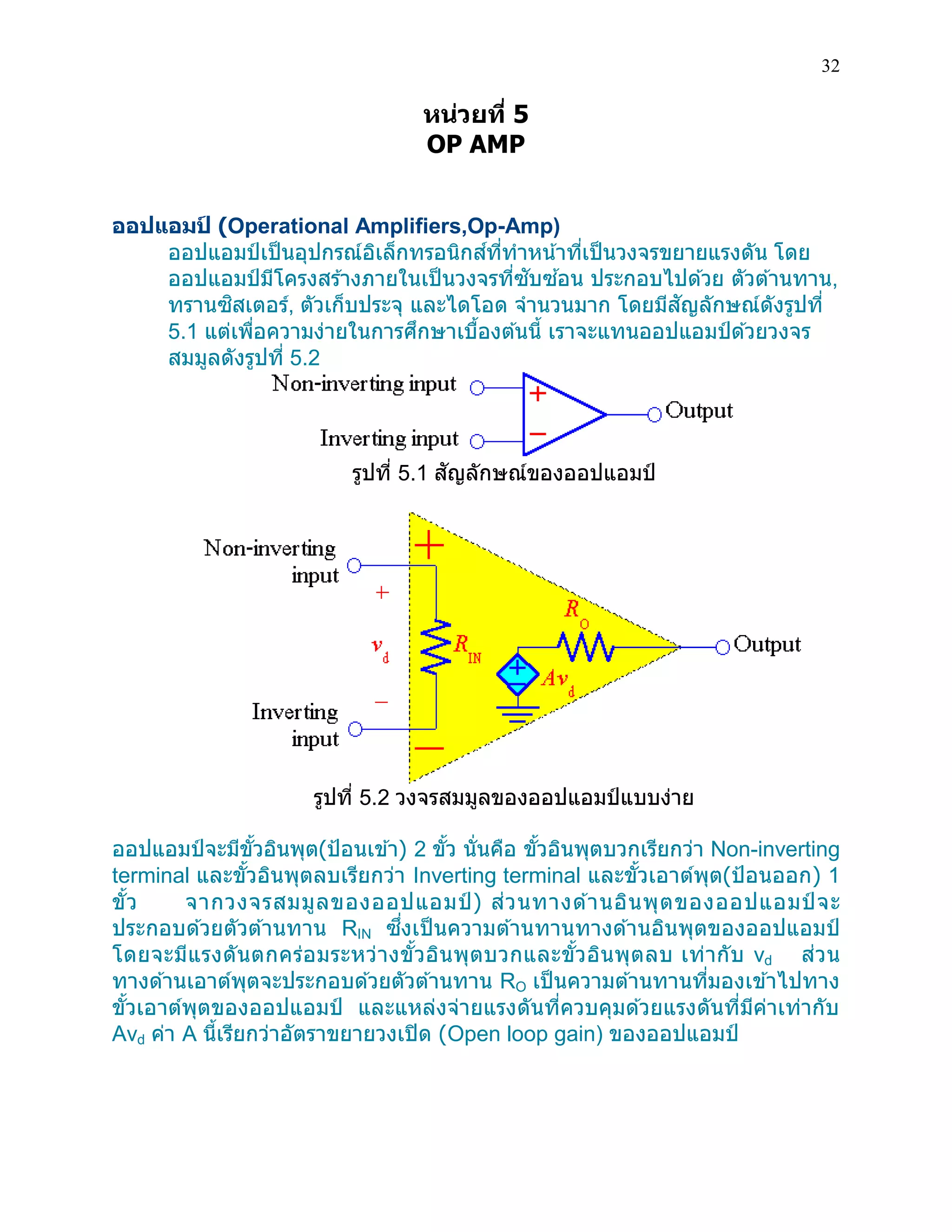 32 
หน่วยที่ 5 
OP AMP 
ออปแอมป์ (Operational Amplifiers,Op-Amp) 
ออปแอมป์เป็นอุปกรณ์อิเล็กทรอนิกส์ที่ทาหน้าที่เป็นวงจรขยายแรงดัน โดย ออปแอมป์มีโครงสร้างภายในเป็นวงจรที่ซับซ้อน ประกอบไปด้วย ตัวต้านทาน, ทรานซิสเตอร์, ตัวเก็บประจุ และไดโอด จานวนมาก โดยมีสัญลักษณ์ดังรูปที่ 5.1 แต่เพื่อความง่ายในการศึกษาเบื้องต้นนี้ เราจะแทนออปแอมป์ด้วยวงจร สมมูลดังรูปที่ 5.2 
รูปที่ 5.1 สัญลักษณ์ของออปแอมป์ 
รูปที่ 5.2 วงจรสมมูลของออปแอมป์แบบง่าย 
ออปแอมป์จะมีขั้วอินพุต(ป้อนเข้า) 2 ขั้ว นั่นคือ ขั้วอินพุตบวกเรียกว่า Non-inverting terminal และขั้วอินพุตลบเรียกว่า Inverting terminal และขั้วเอาต์พุต(ป้อนออก) 1 ขั้ว จากวงจรสมมูลของออปแอมป์) ส่วนทางด้านอินพุตของออปแอมป์จะ ประกอบด้วยตัวต้านทาน RIN ซึ่งเป็นความต้านทานทางด้านอินพุตของออปแอมป์ โดยจะมีแรงดันตกคร่อมระหว่างขั้วอินพุตบวกและขั้วอินพุตลบ เท่ากับ vd ส่วน ทางด้านเอาต์พุตจะประกอบด้วยตัวต้านทาน RO เป็นความต้านทานที่มองเข้าไปทาง ขั้วเอาต์พุตของออปแอมป์ และแหล่งจ่ายแรงดันที่ควบคุมด้วยแรงดันที่มีค่าเท่ากับ Avd ค่า A นี้เรียกว่าอัตราขยายวงเปิด (Open loop gain) ของออปแอมป์ 
 