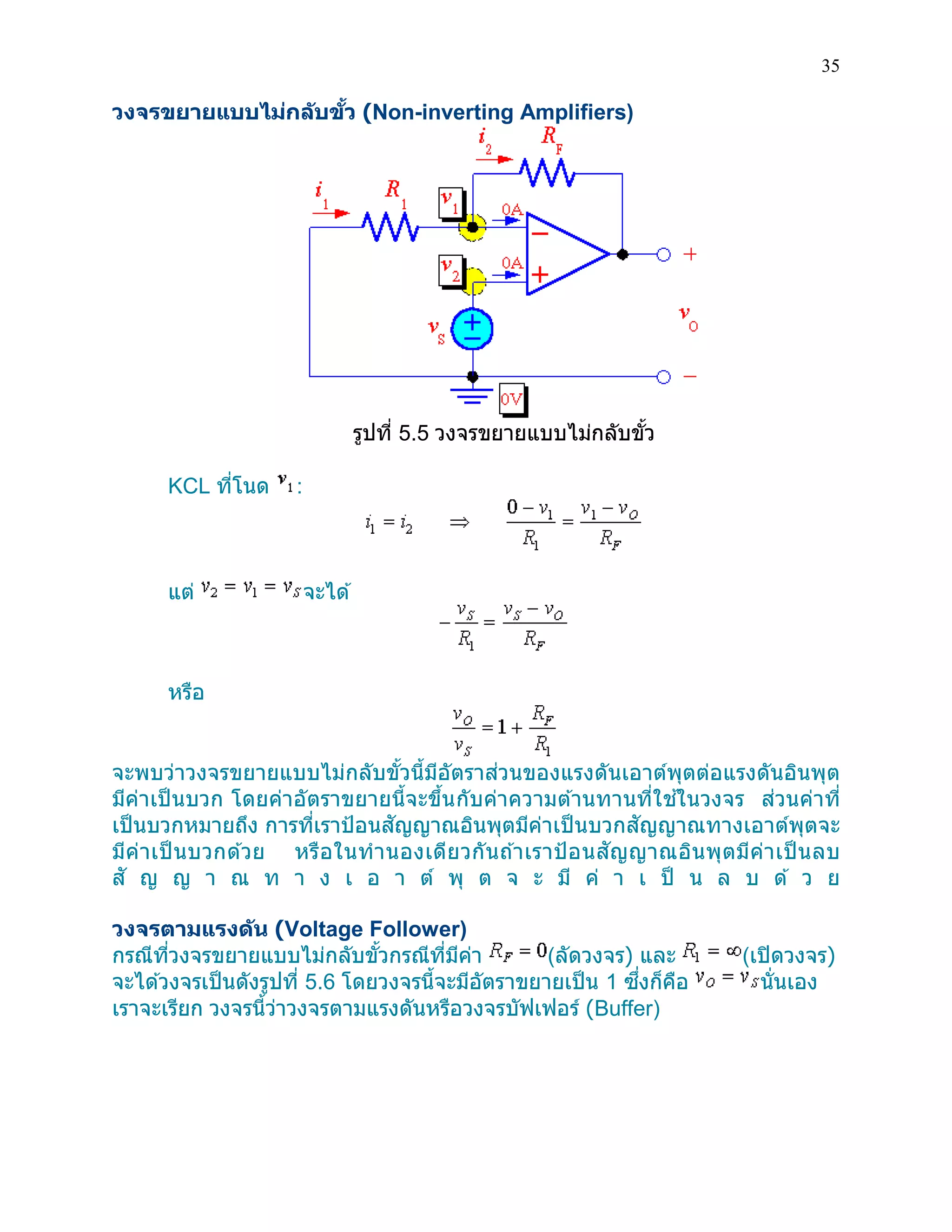 35 
วงจรขยายแบบไม่กลับขั้ว (Non-inverting Amplifiers) 
รูปที่ 5.5 วงจรขยายแบบไม่กลับขั้ว 
KCL ที่โนด : 
แต่ จะได้ 
หรือ 
จะพบว่าวงจรขยายแบบไม่กลับขั้วนี้มีอัตราส่วนของแรงดันเอาต์พุตต่อแรงดันอินพุต มีค่าเป็นบวก โดยค่าอัตราขยายนี้จะขึ้นกับค่าความต้านทานที่ใช้ในวงจร ส่วนค่าที่ เป็นบวกหมายถึง การที่เราป้อนสัญญาณอินพุตมีค่าเป็นบวกสัญญาณทางเอาต์พุตจะ มีค่าเป็นบวกด้วย หรือในทานองเดียวกันถ้าเราป้อนสัญญาณอินพุตมีค่าเป็นลบ สัญญาณทางเอาต์พุตจะมีค่าเป็นลบด้วย วงจรตามแรงดัน (Voltage Follower) 
กรณีที่วงจรขยายแบบไม่กลับขั้วกรณีที่มีค่า (ลัดวงจร) และ (เปิดวงจร) จะได้วงจรเป็นดังรูปที่ 5.6 โดยวงจรนี้จะมีอัตราขยายเป็น 1 ซึ่งก็คือ นั่นเอง เราจะเรียก วงจรนี้ว่าวงจรตามแรงดันหรือวงจรบัฟเฟอร์ (Buffer)  