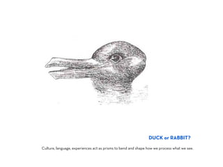 DUCK or RABBIT?
Culture, language, experiences act as prisms to bend and shape how we process what we see.
 