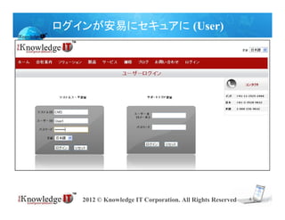 ログインが安易にセキュアに (User)




   2012 © Knowledge IT Corporation. All Rights Reserved   4
 