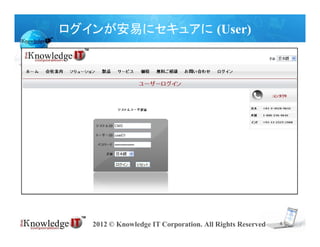 ログインが安易にセキュアに (User)




   2012 © Knowledge IT Corporation. All Rights Reserved   4
 