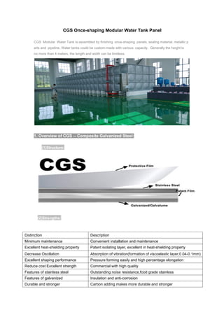 CGS Once-shaping Modular Water Tank Panel
CGS Modular Water Tank is assembled by finishing once-shaping panels, sealing material, metallic p
arts and pipeline. Water tanks could be custom-made with various capacity. Generally the height is
no more than 4 meters, the length and width can be limitless.
1. Overview of CGS -- Composite Galvanized Steel:
(1)Structure:
(2)Strengths:
Distinction Description
Minimum maintenance Convenient installation and maintenance
Excellent heat-shielding property Patent isolating layer, excellent in heat-shielding property
Decrease Oscillation Absorption of vibration(formation of viscoelastic layer,0.04-0.1mm)
Excellent shaping performance Pressure forming easily and high percentage elongation
Reduce cost Excellent strength Commercial with high quality
Features of stainless steel Outstanding noise resistance,food grade stainless
Features of galvanized Insulation and anti-corrosion
Durable and stronger Carbon adding makes more durable and stronger
 