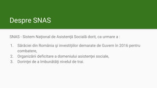 Despre SNAS
SNAS - Sistem Naţional de Asistenţă Socială dorit, ca urmare a :
1. Sărăciei din România şi investiţiilor demarate de Guvern în 2016 pentru
combatere,
2. Organizării deficitare a domeniului asistenţei sociale,
3. Dorinţei de a îmbunătăţi nivelul de trai.
 
