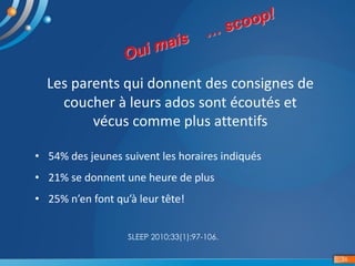 36
Les	parents	qui	donnent	des	consignes	de	
coucher	à	leurs	ados	sont	écoutés	et	
vécus	comme	plus	attentifs
• 54%	des	je...