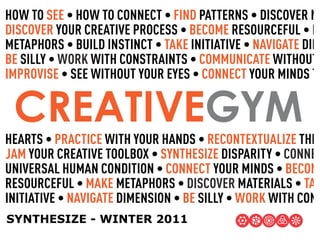 HOW TO SEE


BE



 CREATIVEGYM
                            R


                                TA
                       BE
SYNTHESIZE - WINTER 2011
 