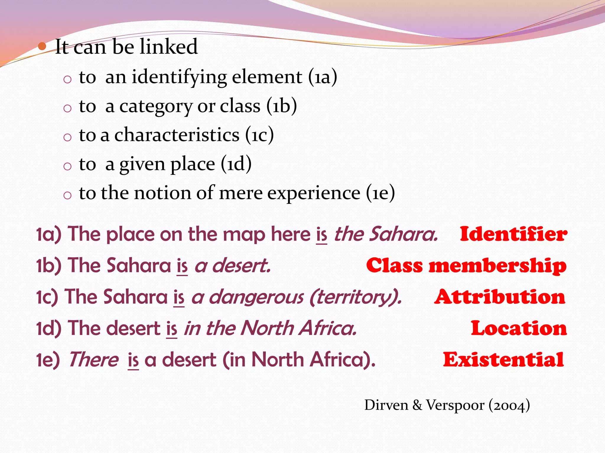  It can be linked
   o to an identifying element (1a)
   o to a category or class (1b)
   o to a characteristics (1c)
   o to a given place (1d)
   o to the notion of mere experience (1e)

1a) The place on the map here is the Sahara. Identifier
1b) The Sahara is a desert.            Class membership
1c) The Sahara is a dangerous (territory). Attribution
1d) The desert is in the North Africa.          Location
1e) There is a desert (in North Africa).      Existential
                                      Dirven & Verspoor (2004)
 