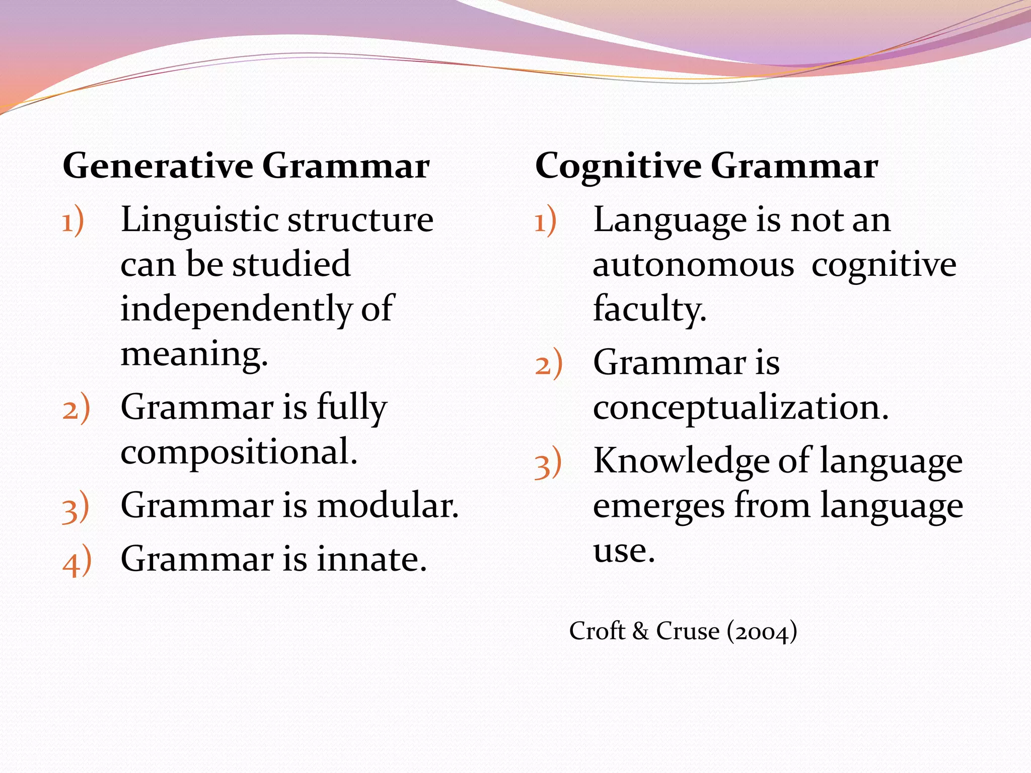Generative Grammar        Cognitive Grammar
1) Linguistic structure   1) Language is not an
   can be studied            autonomous cognitive
   independently of          faculty.
   meaning.               2) Grammar is
2) Grammar is fully          conceptualization.
   compositional.         3) Knowledge of language
3) Grammar is modular.       emerges from language
4) Grammar is innate.        use.

                           Croft & Cruse (2004)
 