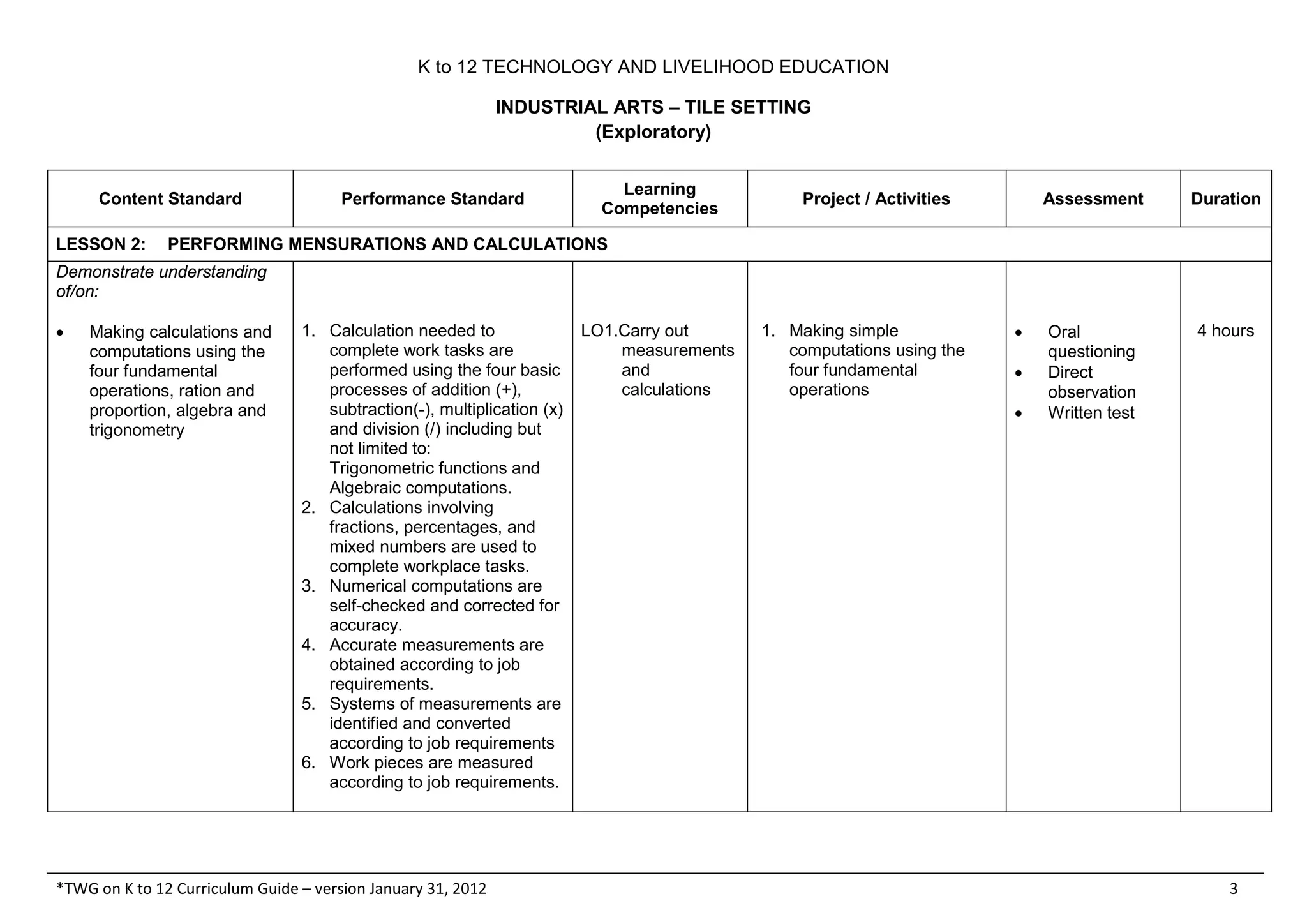 K to 12 TLE Curriculum Guide for Tile Setting | PDF