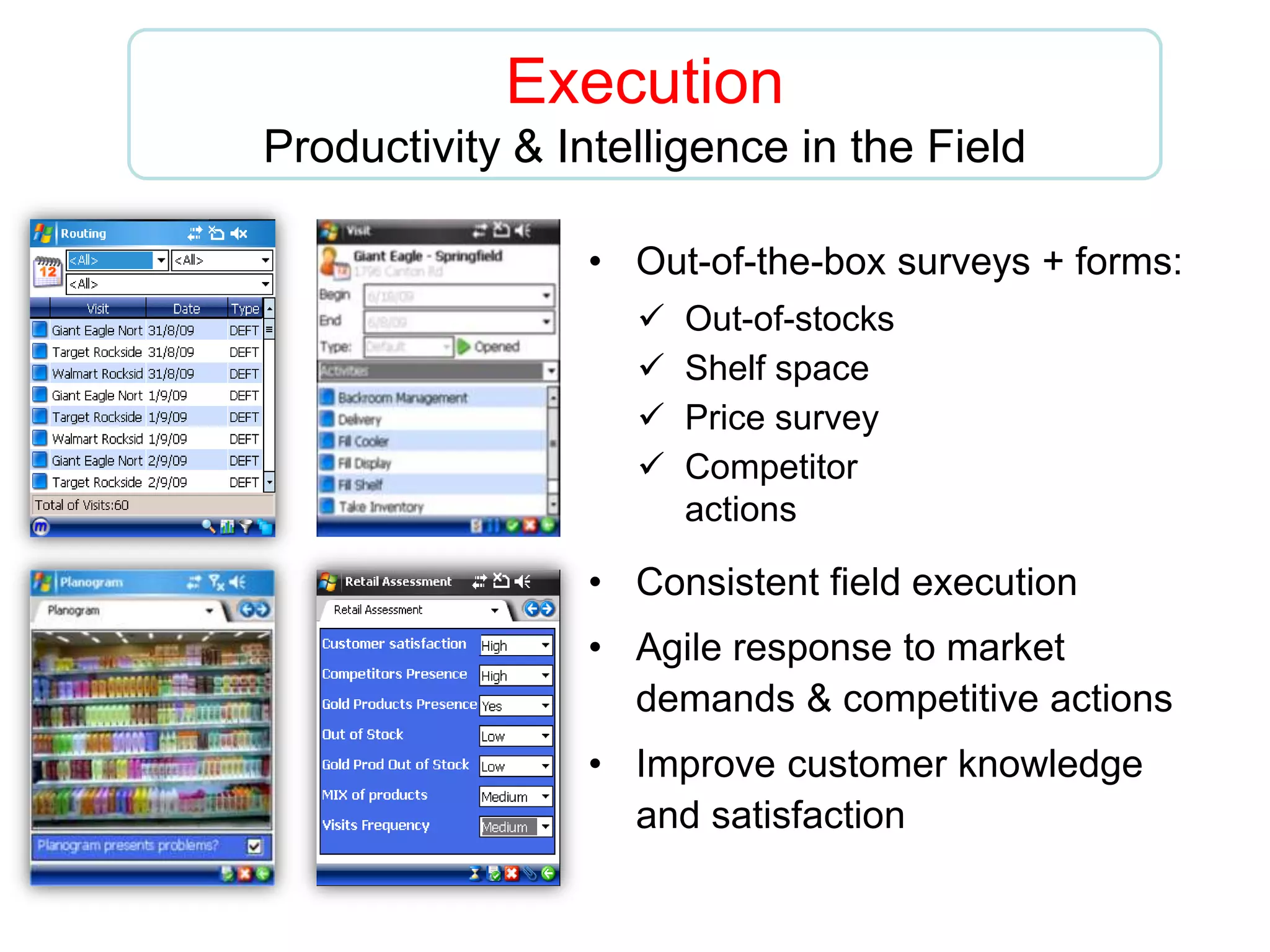 Execution
Productivity & Intelligence in the Field
• Out-of-the-box surveys + forms:
 Out-of-stocks
 Shelf space
 Price survey
 Competitor
actions
• Consistent field execution
• Agile response to market
demands & competitive actions
• Improve customer knowledge
and satisfaction
 
