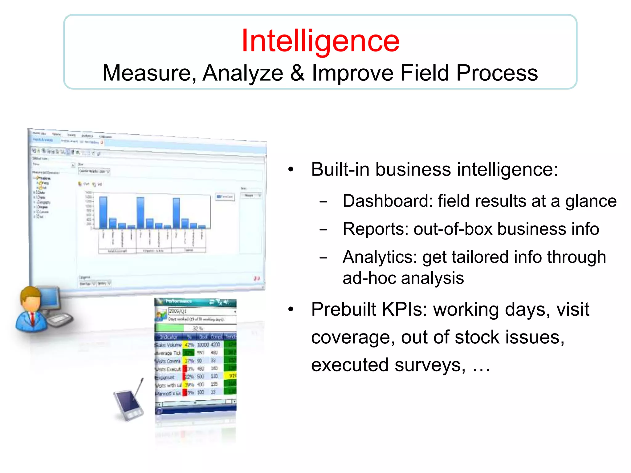• Built-in business intelligence:
− Dashboard: field results at a glance
− Reports: out-of-box business info
− Analytics: get tailored info through
ad-hoc analysis
• Prebuilt KPIs: working days, visit
coverage, out of stock issues,
executed surveys, …
Intelligence
Measure, Analyze & Improve Field Process
 