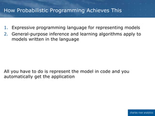 1. Expressive programming language for representing models
2. General-purpose inference and learning algorithms apply to
models written in the language
All you have to do is represent the model in code and you
automatically get the application
How Probabilistic Programming Achieves This
 