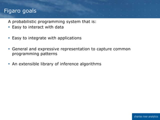 Figaro goals
A probabilistic programming system that is:
 Easy to interact with data
 Easy to integrate with applications
 General and expressive representation to capture common
programming patterns
 An extensible library of inference algorithms
 