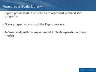  Figaro provides data structures to represent probabilistic
programs
 Scala programs construct the Figaro models
 Inference algorithms implemented in Scala operate on these
models
Figaro as a Scala Library
 