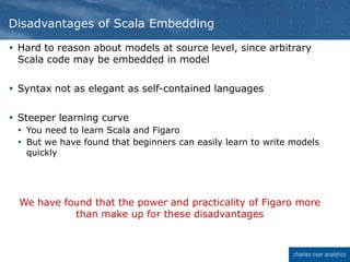  Hard to reason about models at source level, since arbitrary
Scala code may be embedded in model
 Syntax not as elegant as self-contained languages
 Steeper learning curve
 You need to learn Scala and Figaro
 But we have found that beginners can easily learn to write models
quickly
We have found that the power and practicality of Figaro more
than make up for these disadvantages
Disadvantages of Scala Embedding
 
