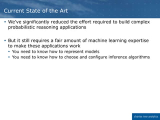  We’ve significantly reduced the effort required to build complex
probabilistic reasoning applications
 But it still requires a fair amount of machine learning expertise
to make these applications work
 You need to know how to represent models
 You need to know how to choose and configure inference algorithms
Current State of the Art
 