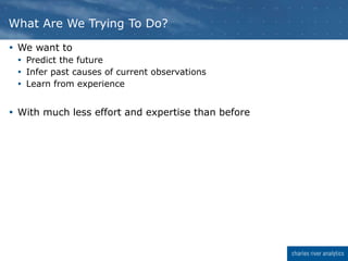  We want to
 Predict the future
 Infer past causes of current observations
 Learn from experience
 With much less effort and expertise than before
What Are We Trying To Do?
 