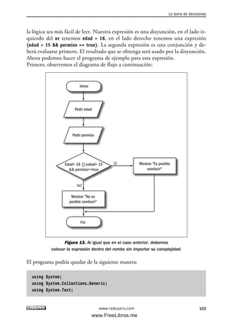 la lógica sea más fácil de leer. Nuestra expresión es una disyunción, en el lado iz-
quierdo del or tenemos edad > 18, en el lado derecho tenemos una expresión
(edad > 15 && permiso == true). La segunda expresión es una conjunción y de-
berá evaluarse primero. El resultado que se obtenga será usado por la disyunción.
Ahora podemos hacer el programa de ejemplo para esta expresión.
Primero, observemos el diagrama de flujo a continuación:
Figura 13. Al igual que en el caso anterior, debemos
colocar la expresión dentro del rombo sin importar su complejidad.
El programa podría quedar de la siguiente manera:
using System;
using System.Collections.Generic;
using System.Text;
Mostrar "No es
posible conducir"
Pedir edad
Pedir permiso
Inicio
Fin
SÍ
NO
Edad> 18 || (edad> 15
&& permiso==true
Mostrar "Es posible
conducir"
La toma de decisiones
103www.redusers.com
03_C#2010_AJUSTADO.qxd 8/6/10 8:32 PM Page 103
www.FreeLibros.me
 