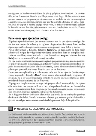encargamos de realizar conversiones de pies y pulgadas a centímetros. La conver-
sión se hacía con una fórmula sencilla pero un poco larga. Si ahora nuestro car-
pintero necesita un programa para transformar las medidas de una mesa completa
a centímetros, entonces tendríamos que usar la fórmula adecuada en varios luga-
res. Para no copiar el mismo código varias veces, lo más conveniente sería colocar
la fórmula en una función y simplemente invocarla donde fuera necesario. Empe-
cemos a conocer cómo programar e invocar a las funciones.
Funciones que ejecutan código
El primer tipo de funciones que vamos a conocer son las que ejecutan código. Es-
tas funciones no reciben datos y no regresan ningún dato. Solamente llevan a cabo
alguna operación. Aunque en este momento no parecen muy útiles, sí lo son.
Para poder utilizar la función, debemos declararla. La declaración se debe hacer
adentro del bloque de código correspondiente a una clase. Para los ejemplos anali-
zados en este libro, estamos usando la clase denominada Program. Nuestra función
Main() se encuentra también adentro de esta clase.
En este momento tomaremos una estrategia de programación, que aún no pertene-
ce a la programación estructurada, en el futuro veremos las técnicas orientadas a ob-
jetos. En esta técnica usamos a la función Main() como administradora de la lógica
y la mayor parte del proceso se llevará a cabo en las funciones.
Crearemos una aplicación y le colocaremos cada uno de los tipos de funciones que
vamos a aprender, dejando a Main() como nuestra administradora del programa. El
programa va a ser conceptualmente sencillo, ya que lo que nos interesa es com-
prender el funcionamiento de las funciones.
El programa simplemente se encargará de preguntarle al usuario el tipo de opera-
ción aritmética que queremos llevar a cabo y luego la realizará con los datos dados
que le proporcionemos. Este programa ya fue resuelto anteriormente, pero en este
caso será implementado agregando el uso de las funciones.
En el diagrama de flujo indicamos a la función por medio de un rectángulo que tiene
dos franjas a los lados. Cuando lo veamos, sabemos que tenemos que ir a la función y
ejecutar su código. Veamos cómo quedaría el diagrama de flujo de la aplicación.
5. FUNCIONES Y MÉTODOS
150 www.redusers.com
Las funciones no pueden ser declaradas adentro de otra función. Esto nos lleva a un error de
sintaxis y de lógica que debe ser corregido lo antes posible. Es importante mantener las funcio-
nes ordenadas y tener cuidado de no desbalancear los { } cuando se creen nuevas funciones.
Hay que recordar que deben ir adentro de una clase.
PROBLEMAS AL DECLARAR LAS FUNCIONES
05_C#2010_AJUSTADO.qxd 8/6/10 8:33 PM Page 150
www.FreeLibros.me
 