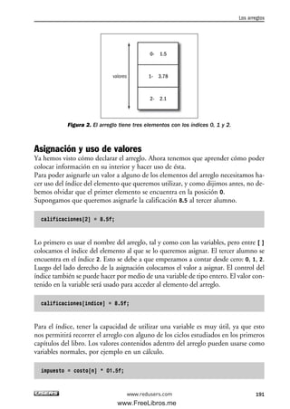 Figura 2. El arreglo tiene tres elementos con los índices 0, 1 y 2.
Asignación y uso de valores
Ya hemos visto cómo declarar el arreglo. Ahora tenemos que aprender cómo poder
colocar información en su interior y hacer uso de ésta.
Para poder asignarle un valor a alguno de los elementos del arreglo necesitamos ha-
cer uso del índice del elemento que queremos utilizar, y como dijimos antes, no de-
bemos olvidar que el primer elemento se encuentra en la posición 0.
Supongamos que queremos asignarle la calificación 8.5 al tercer alumno.
calificaciones[2] = 8.5f;
Lo primero es usar el nombre del arreglo, tal y como con las variables, pero entre [ ]
colocamos el índice del elemento al que se lo queremos asignar. El tercer alumno se
encuentra en el índice 2. Esto se debe a que empezamos a contar desde cero: 0, 1, 2.
Luego del lado derecho de la asignación colocamos el valor a asignar. El control del
índice también se puede hacer por medio de una variable de tipo entero. El valor con-
tenido en la variable será usado para acceder al elemento del arreglo.
calificaciones[indice] = 8.5f;
Para el índice, tener la capacidad de utilizar una variable es muy útil, ya que esto
nos permitirá recorrer el arreglo con alguno de los ciclos estudiados en los primeros
capítulos del libro. Los valores contenidos adentro del arreglo pueden usarse como
variables normales, por ejemplo en un cálculo.
impuesto = costo[n] * 01.5f;
0- 1.5
1- 3.78
2- 2.1
valores
Los arreglos
191www.redusers.com
06_C#2010_AJUSTADO.qxd 8/6/10 8:34 PM Page 191
www.FreeLibros.me
 