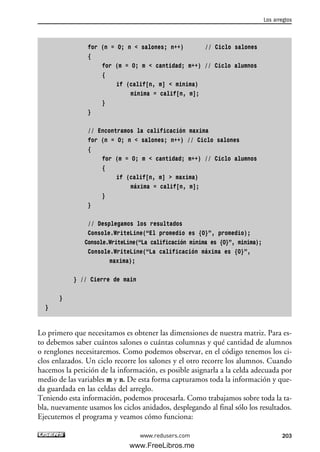 for (n = 0; n < salones; n++) // Ciclo salones
{
for (m = 0; m < cantidad; m++) // Ciclo alumnos
{
if (calif[n, m] < minima)
minima = calif[n, m];
}
}
// Encontramos la calificación maxima
for (n = 0; n < salones; n++) // Ciclo salones
{
for (m = 0; m < cantidad; m++) // Ciclo alumnos
{
if (calif[n, m] > maxima)
máxima = calif[n, m];
}
}
// Desplegamos los resultados
Console.WriteLine(“El promedio es {0}”, promedio);
Console.WriteLine(“La calificación mínima es {0}”, minima);
Console.WriteLine(“La calificación máxima es {0}”,
maxima);
} // Cierre de main
}
}
Lo primero que necesitamos es obtener las dimensiones de nuestra matriz. Para es-
to debemos saber cuántos salones o cuántas columnas y qué cantidad de alumnos
o renglones necesitaremos. Como podemos observar, en el código tenemos los ci-
clos enlazados. Un ciclo recorre los salones y el otro recorre los alumnos. Cuando
hacemos la petición de la información, es posible asignarla a la celda adecuada por
medio de las variables m y n. De esta forma capturamos toda la información y que-
da guardada en las celdas del arreglo.
Teniendo esta información, podemos procesarla. Como trabajamos sobre toda la ta-
bla, nuevamente usamos los ciclos anidados, desplegando al final sólo los resultados.
Ejecutemos el programa y veamos cómo funciona:
Los arreglos
203www.redusers.com
06_C#2010_AJUSTADO.qxd 8/6/10 8:34 PM Page 203
www.FreeLibros.me
 